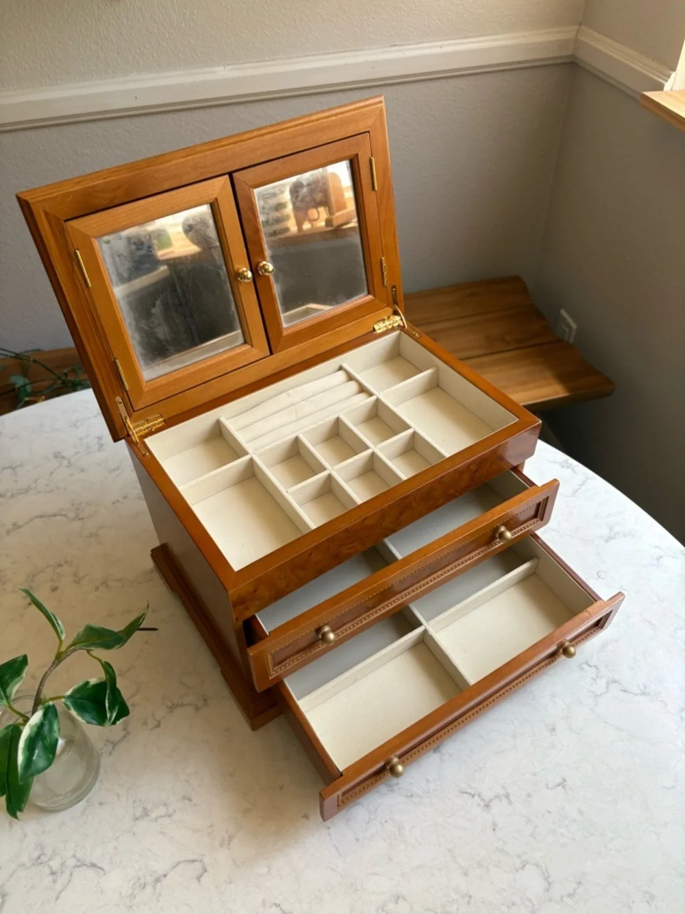 Vintage Wood Jewelry Box with Two Drawers - Brown